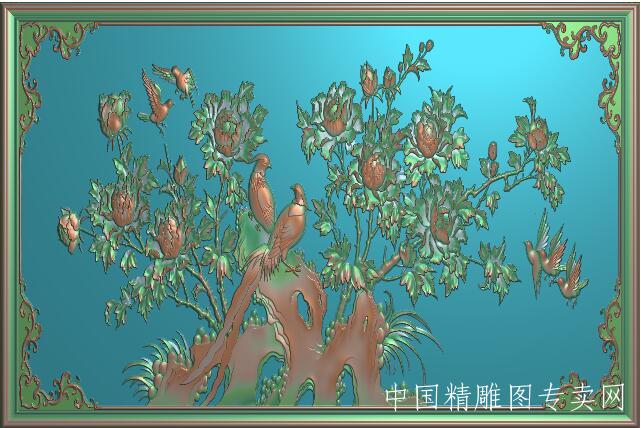 牡丹花双鸟jdp浮雕图带边框B001