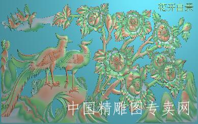 花开富贵牡丹花凤凰鸟木雕浮雕图B166