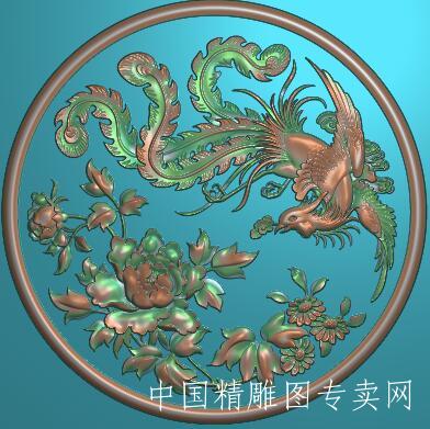 圆形凤凰牡丹浮雕图jdp电脑雕刻图L023