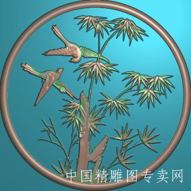 圆形竹子浮雕图jdp格式竹鸟雕刻源文件L027