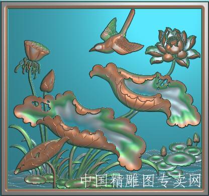 荷花小鸟浮雕图沙发莲花jdp雕刻图A011