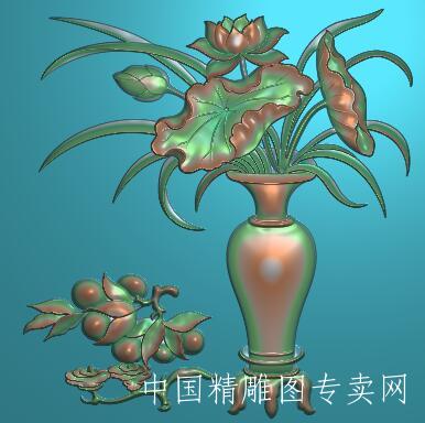 莲花花瓶寿桃浮雕图jdp盆景雕刻素材A020