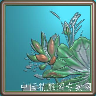 正方形荷花浮雕图带边框雕刻素材A037