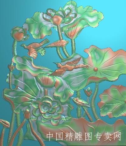 竖版莲花鸟浮雕图竖版jdp电脑雕刻设计稿A056