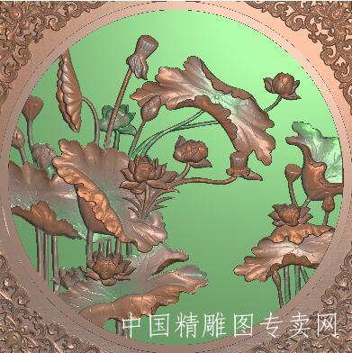 方形荷花浮雕图屏风洋花角花雕刻图A057