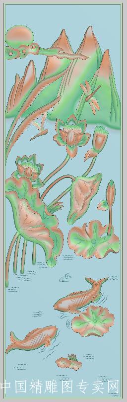 荷花鱼蜻蜓jdp浮雕图山水电脑雕刻A090