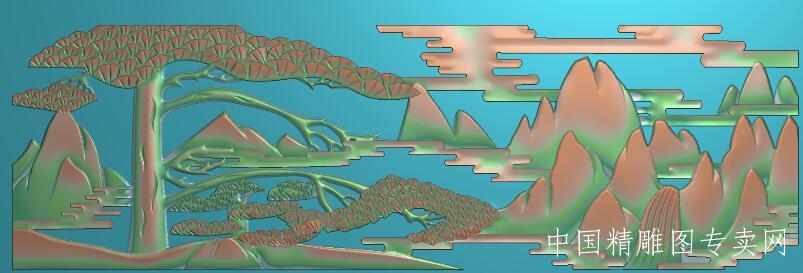 迎客松山水浮雕图横版背景墙浮雕艺术E080