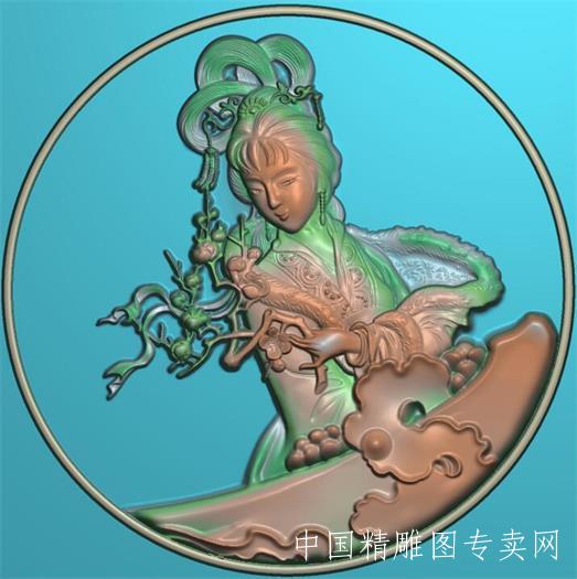 嫦娥圆形边框精雕图JDP木雕古代美女浮雕图L009