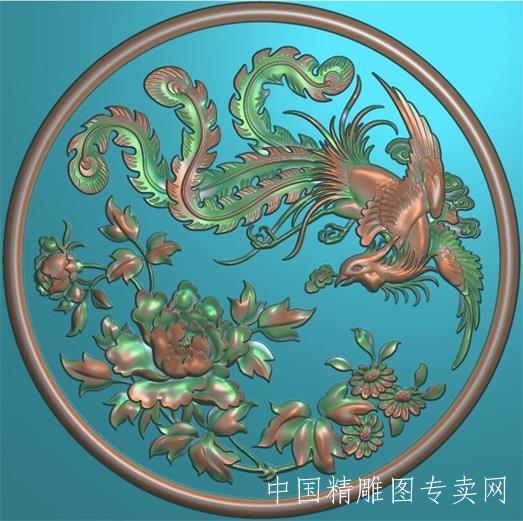 圆形凤穿牡丹精雕图花鸟挂匾JDP浮雕图L023