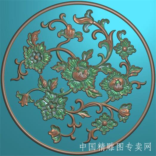 圆形牡丹花精雕图JDP圆盘植物花浮雕图L026