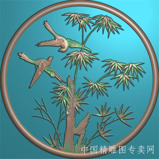 圆形竹子鸟精雕图JDP镂空浮雕图L027